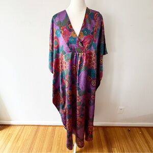 Vintage Women 80s 90s Mod Floral Satin Kaftan One Size Flowy Light Retro Lounge